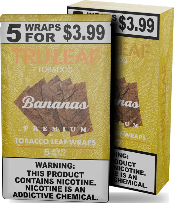 Tru Leaf Bananas tobacco leaf wraps, five-wrap pouch standing in front of its display carton