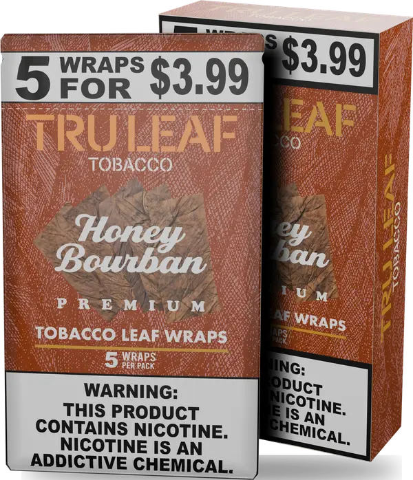Tru Leaf Honey Bourban tobacco leaf wraps, five-wrap pouch standing in front of its display carton