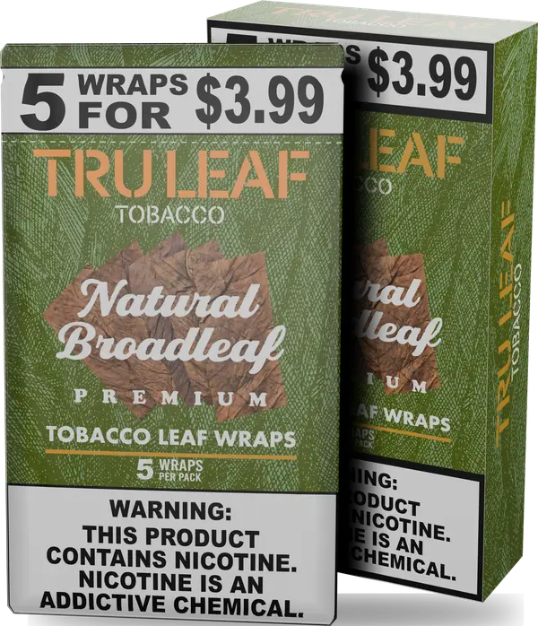 Tru Leaf Natural Broadleaf tobacco leaf wraps, five-wrap pouch standing in front of its display carton