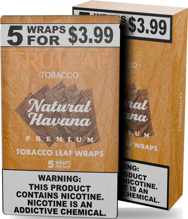 Tru Leaf Natural Havana tobacco leaf wraps, five-wrap pouch standing in front of its display carton