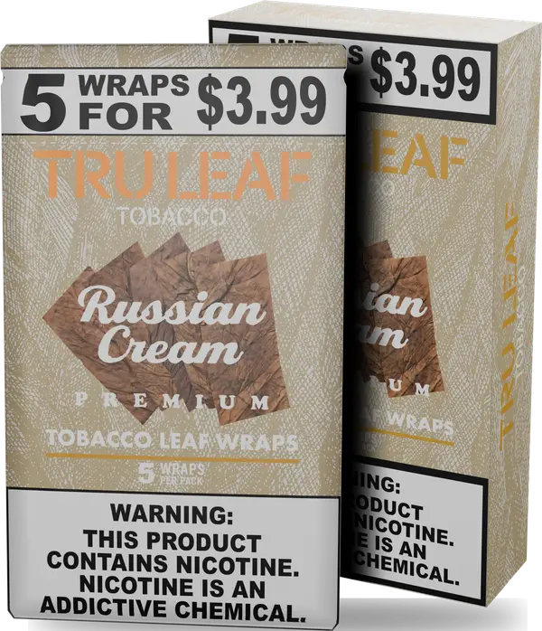 Tru Leaf Russian Cream tobacco leaf wraps, five-wrap pouch standing in front of its display carton